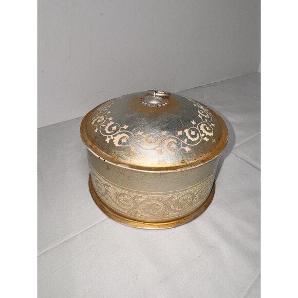 unbranded Other - Vintage Gold & Silver Tin Round Storage Box With Lid Decorative Floral Scroll De